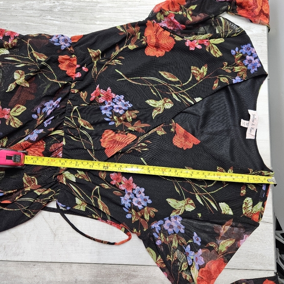 Harlow & Rose Floral Midi Dress Medium Faux Wrap Cottage Overlay Sheer Sleeves - Picture 7 of 16